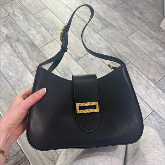 Black Leather Shoulder Bag with Gold Accent - Picture 1 of 4